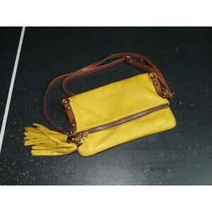 HEBELLA Italian Pebbled Leather Crossbody Bag Purse w/ Tassels Mustard Yellow